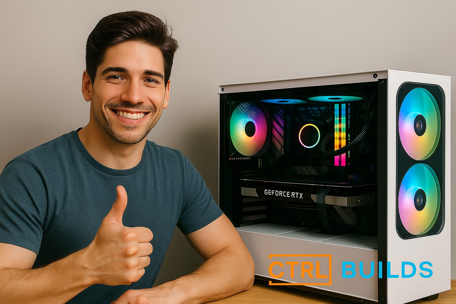 Happy PC builder giving thumbs up next to RGB gaming rig