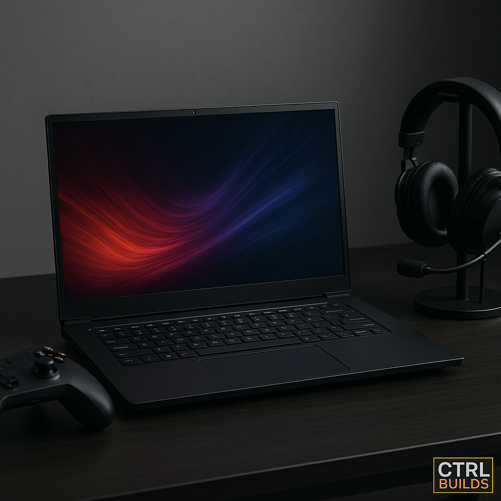 Gaming laptop on desk with controller and headset