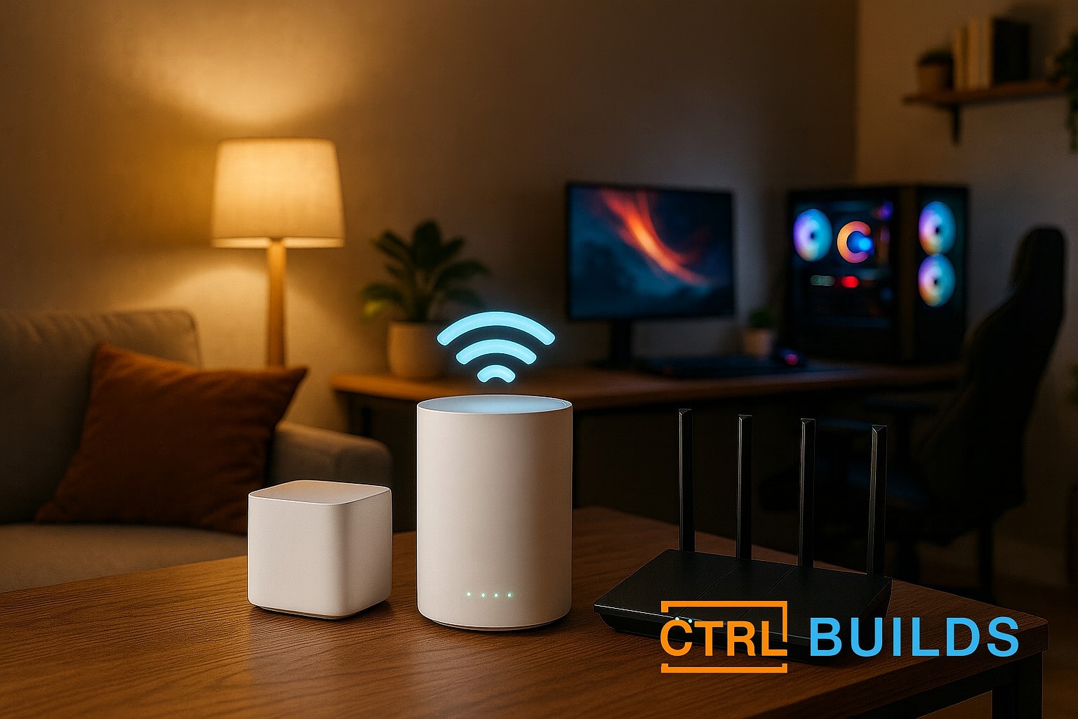 Home mesh network and gaming setup in modern UK living room