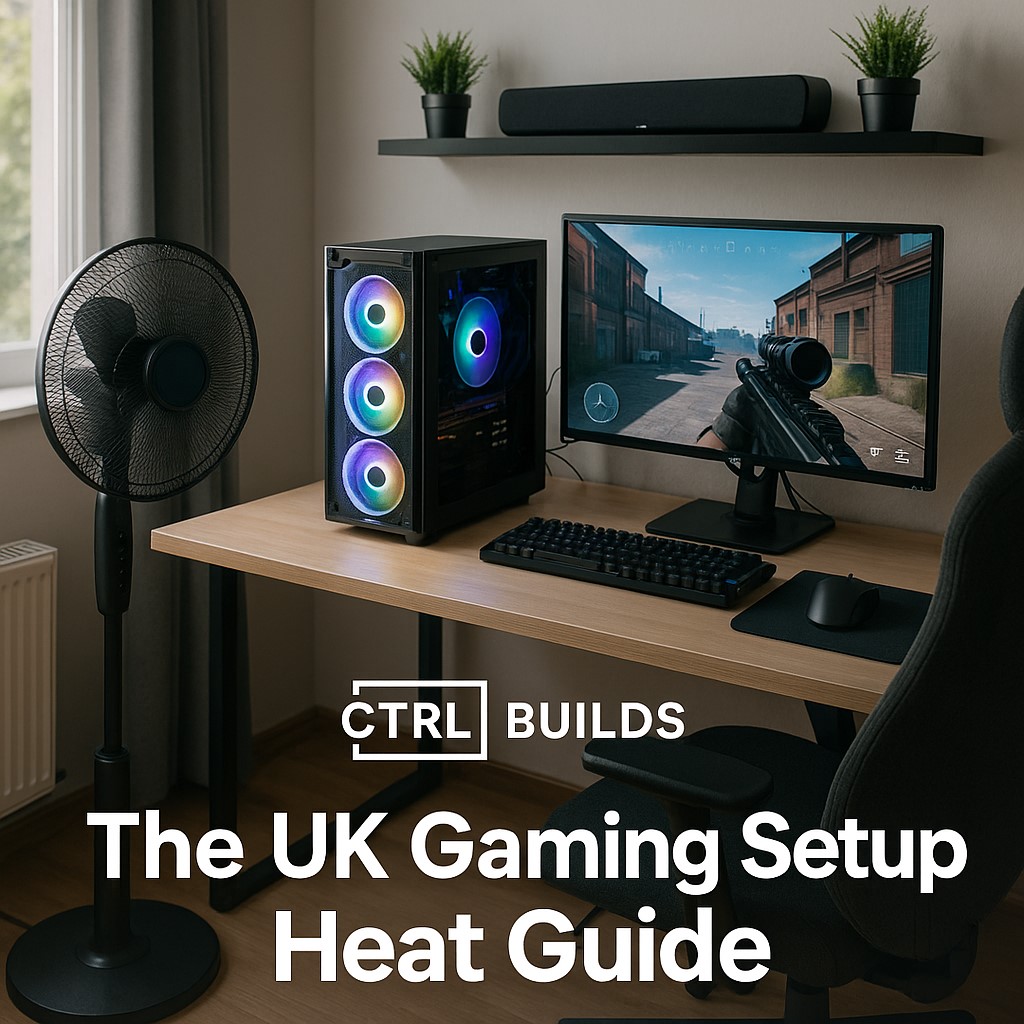 UK gaming setup with RGB PC, monitor, fan and sunlight during heatwave