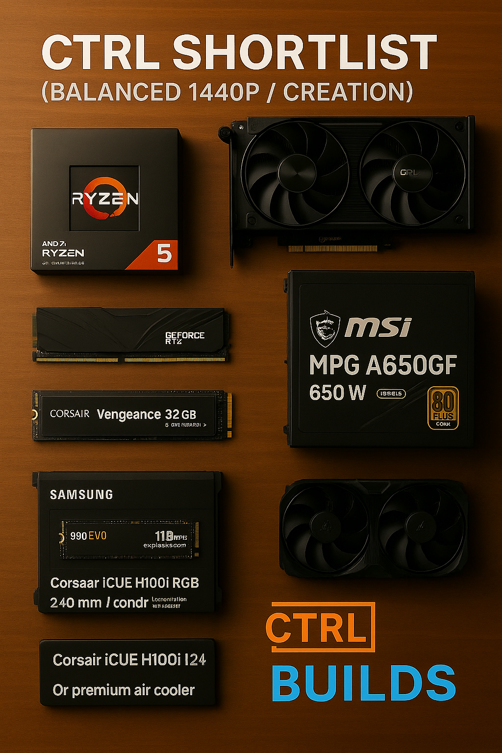 Balanced AI-ready desktop parts laid out on a desk