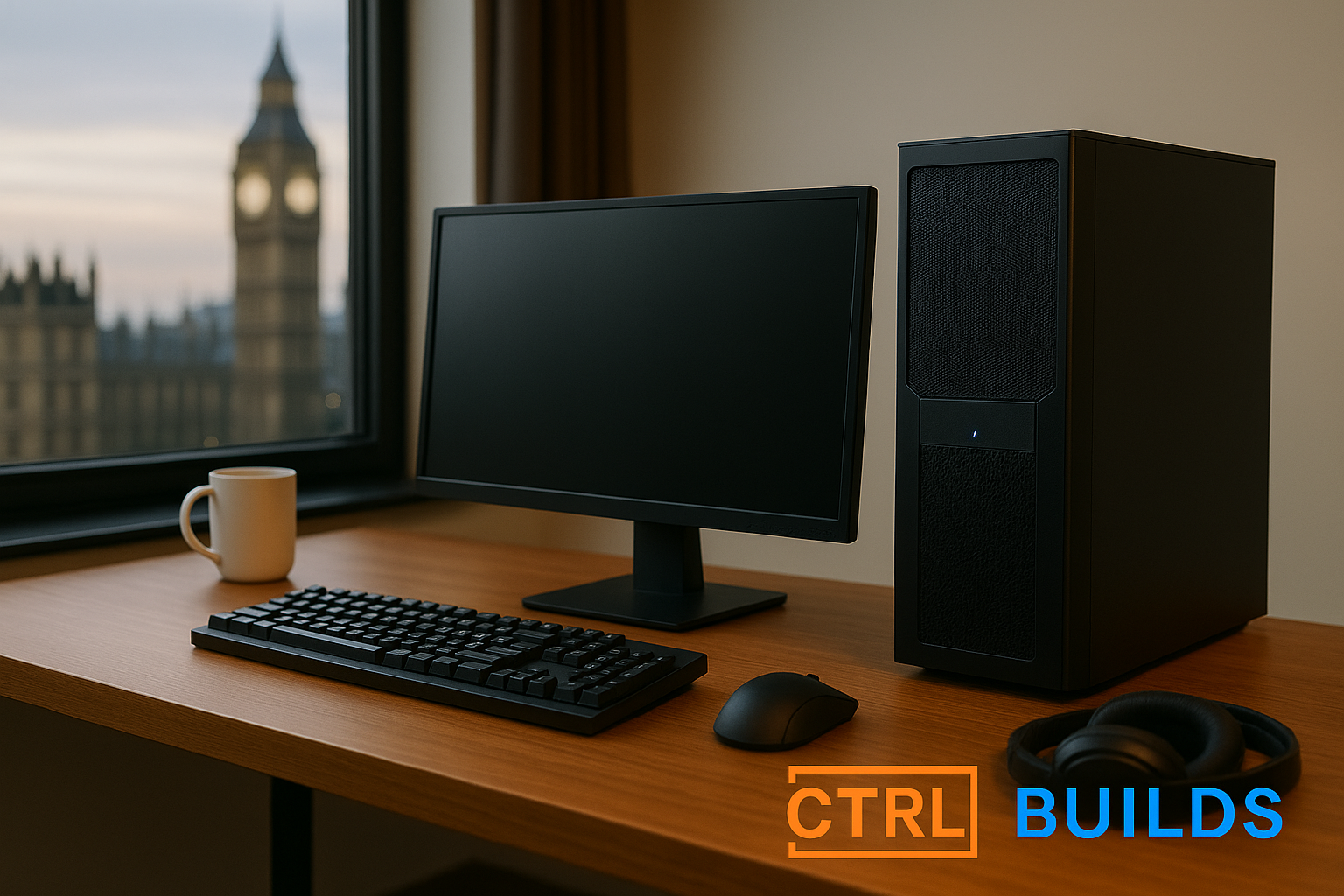 UK home workspace with desktop tower and peripherals